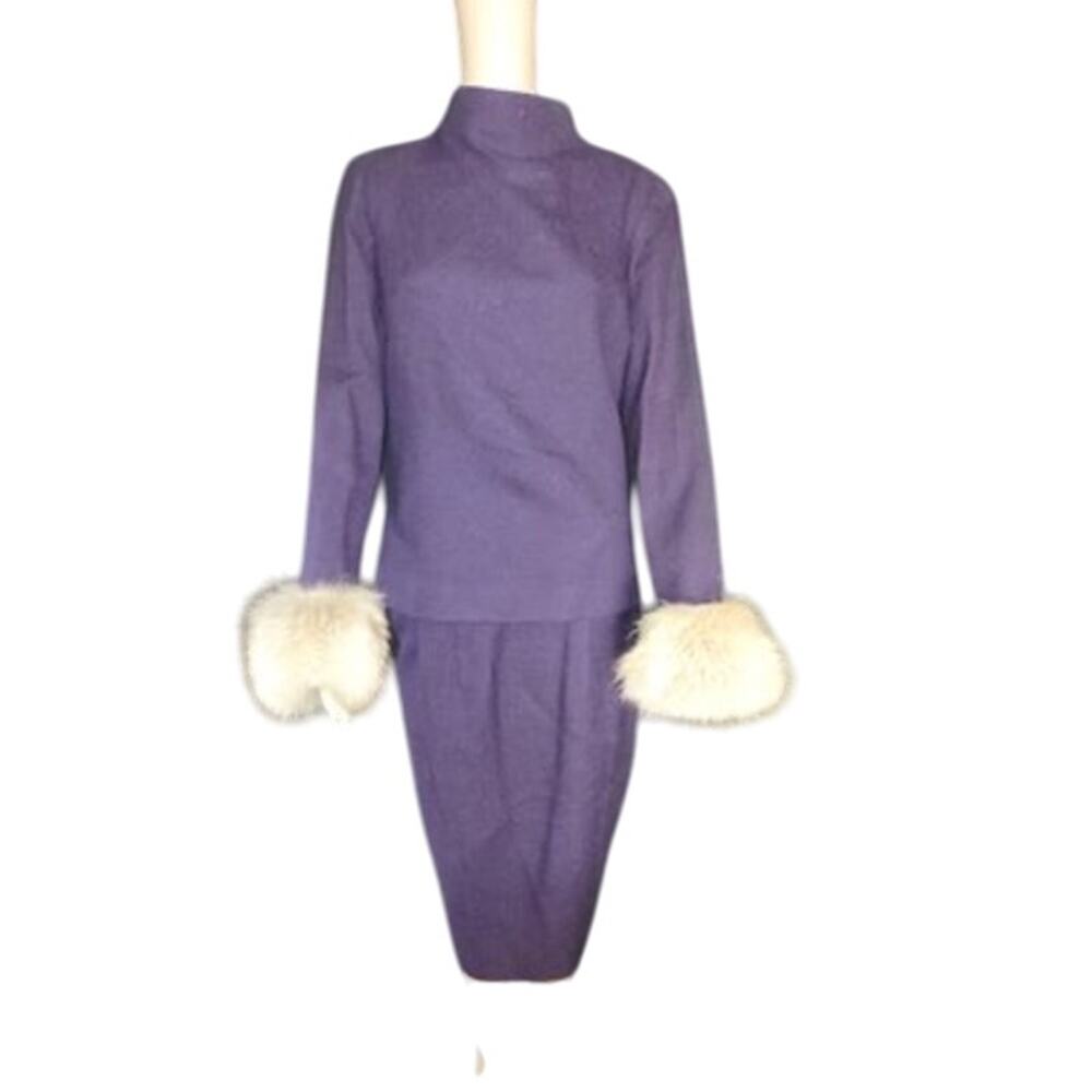 Vintage Addé Originals Purple Wool Set w/ Real Fur Cuffs Skirt & Top